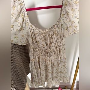 White floral summer mini dress, flowy sleeves, tie front